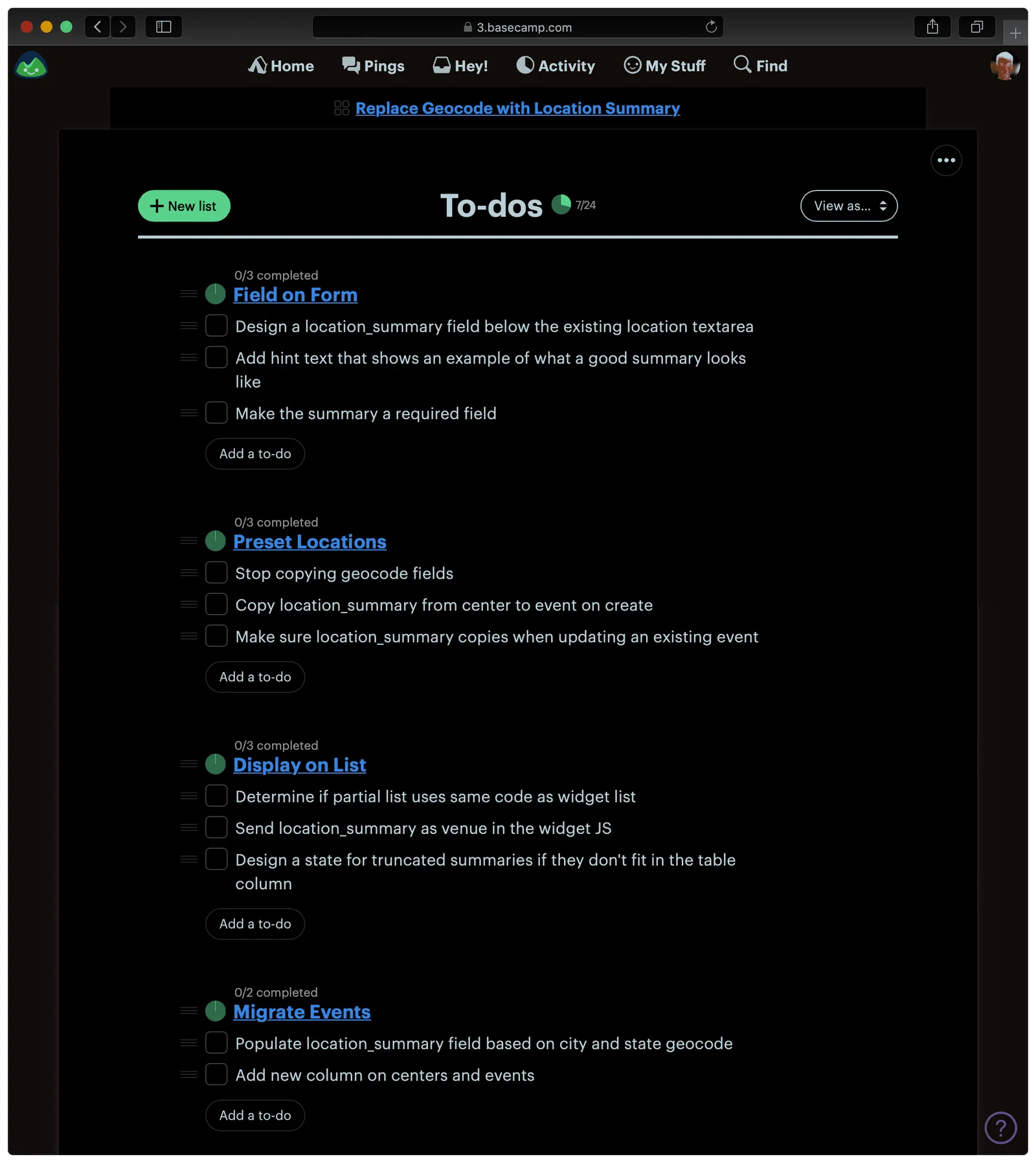Участки проекта представлены отдельными списками задач в Basecamp