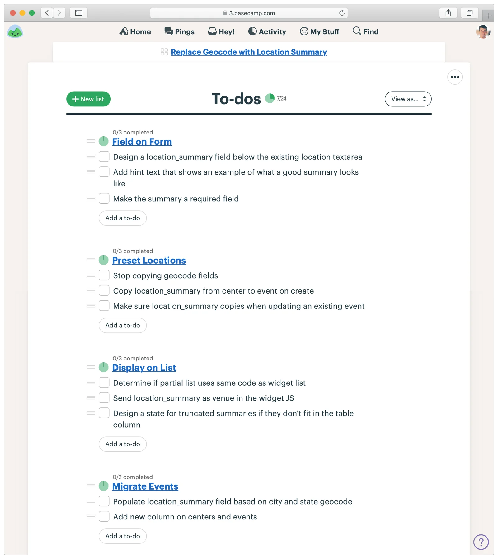 Участки проекта представлены отдельными списками задач в Basecamp